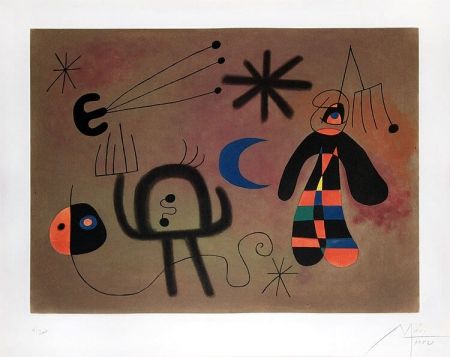 アクチアント Miró - L'Oiseau-fusée vise la fourche glissant en cascade vers le point noir (The Rocket-Bird Aims for the Fork Cascading Down Toward the Black Point), 1952