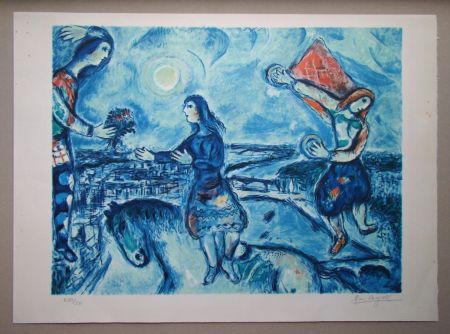 リトグラフ Chagall (After) - Lovers over Paris