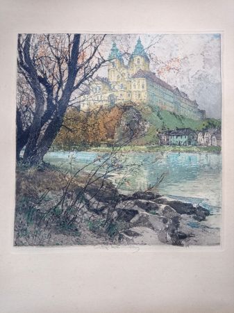 エッチングと　アクチアント Kasimir - Luigi Kasimir, View from Vienna - Melk Abbey - Handcoloured Etching, 1920s