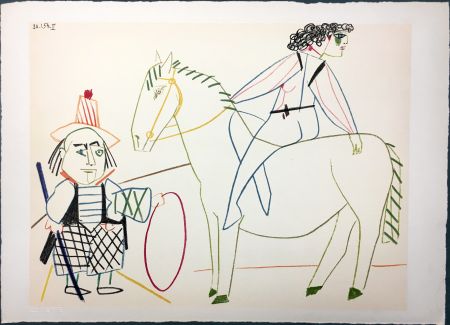 リトグラフ Picasso - L'écuyère et l'homme au cerceau (La Comédie Humaine - Verve 29-30. Vallauris 1954)