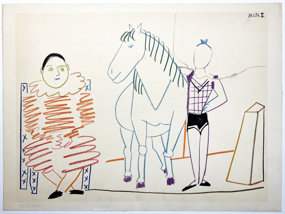 リトグラフ Picasso - L'écuyère, le cheval et le clown (La Comédie Humaine - Verve 29-30. 1954).