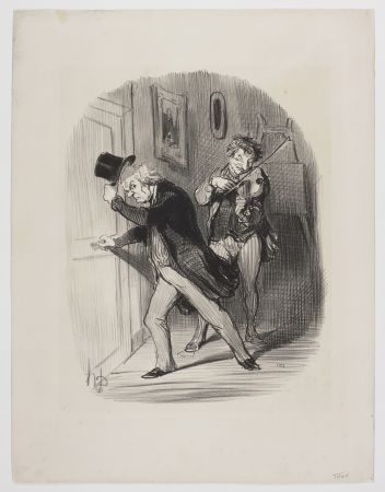 リトグラフ Daumier - Manière polie de mettre un bourgeois à la porte d'un atelier, lui jouer quarante sept fois de suite l'air de la Monaco. 