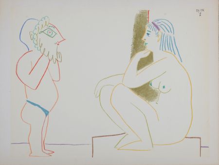 リトグラフ Picasso - Masked and model, 1954