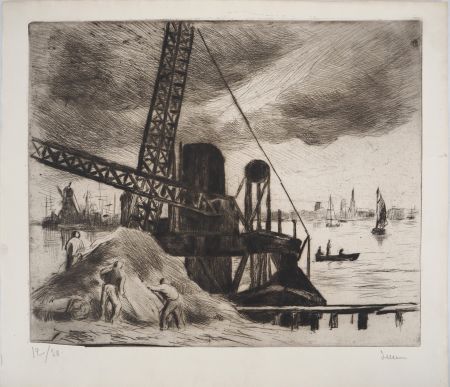 ポイントーセッシュ Luce - Maximilien LUCE - Grue du port de Rotterdam Vers 1890 -Gravure originale signée