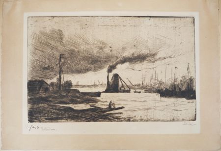 ポイントーセッシュ Luce - Maximilien LUCE - Rotterdam, voiliers à quai et  fumée dans le port Vers 1890 - Gravure originale signée