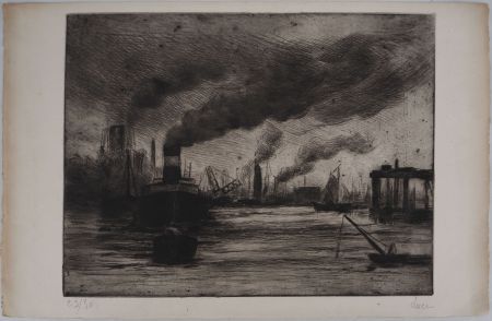ポイントーセッシュ Luce - Maximilien LUCE - Vue du port de Rotterdam Vers 1890-1895 - Gravure originale signée