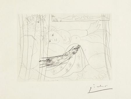 エッチング Picasso - Minotaure et jeune femme enlacés rêvant sous une fenêtre (Minotaure and Young Woman Embracing Under a Window), plate 91, from La suite Vollard