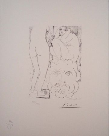 リトグラフ Picasso - Modelo, escultura de espaldas y cabeza barbuda