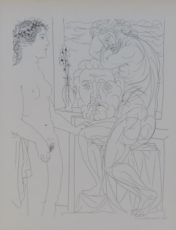 リトグラフ Picasso - Modèle nu et Sculptures