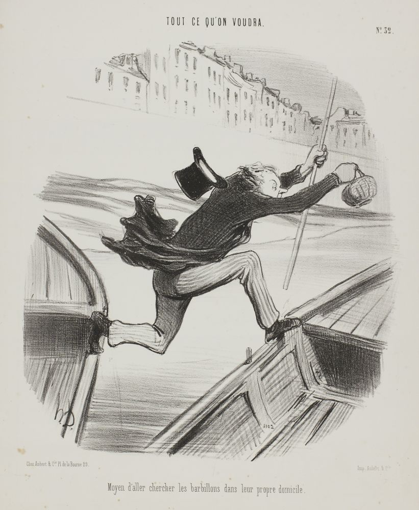 リトグラフ Daumier - Moyen d'aller chercher les barbillons dans leur propre domicile 
