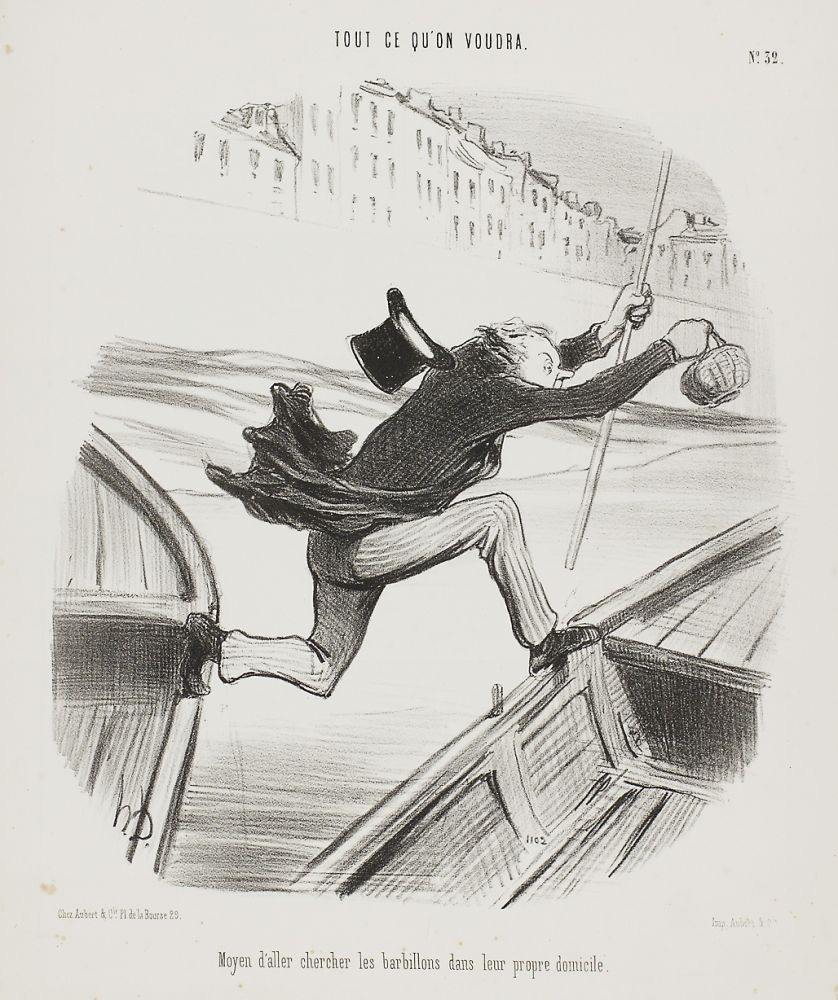 リトグラフ Daumier - Moyen d'aller chercher les barbillons dans leur propre domicile (The best way to catch fish in their own environment)