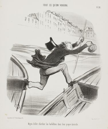 リトグラフ Daumier - Moyen d'aller chercher les barbillons dans leur propre domicile (The best way to catch fish in their own environment)