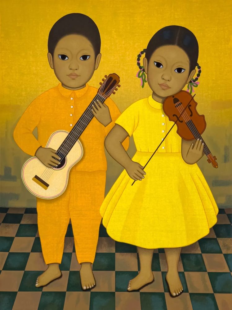 シルクスクリーン Montoya - Músicos, Chica y nino sosteniendo instrumentos de cuerda