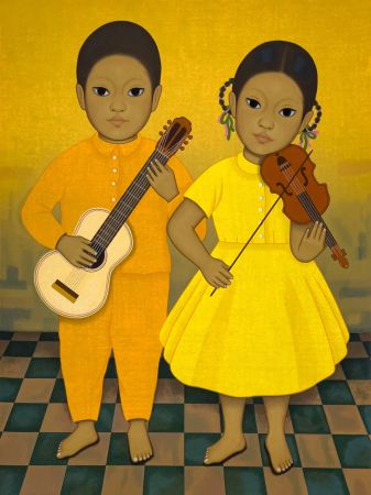 シルクスクリーン Montoya - Músicos, Chica y nino sosteniendo instrumentos de cuerda