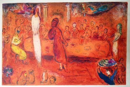 リトグラフ Chagall - MÉGACLÈS RECONNAIT SA FILLE PENDANT LE FESTIN  (Daphnis & Chloé - 1961)