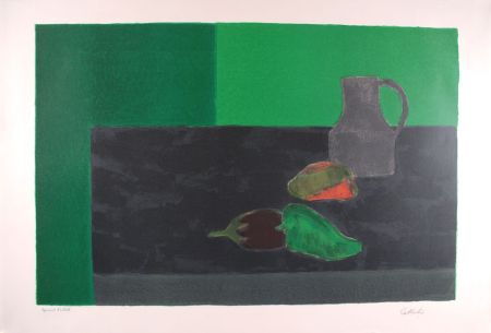 リトグラフ Cathelin - Nature morte noire et verte aux poivrons - Still Life in black and green with peppers