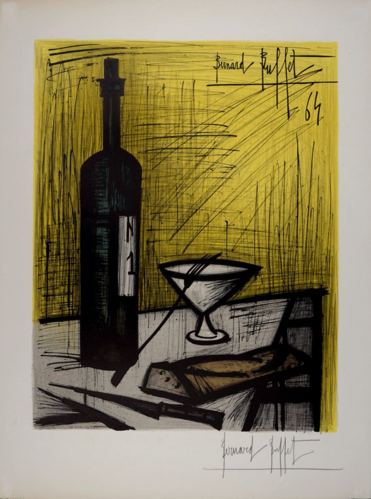 リトグラフ Buffet - Nature morte à la bouteille de vin et au pain, 1964 - Hand-signed