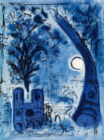 リトグラフ Chagall - Notre Dame et la tour Eiffel