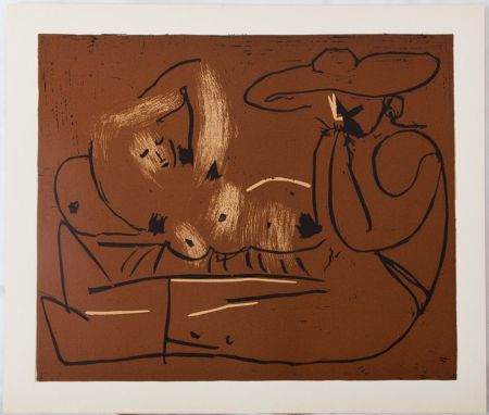 リノリウム彫版 Picasso - Nu couché et guitariste au chapeau