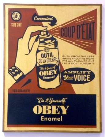 シルクスクリーン Fairey - Obey Coup D'Etat (on wood)