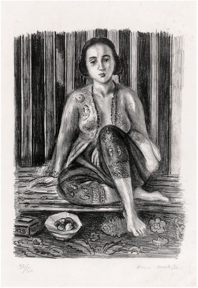 リトグラフ Matisse - Odalisque à la coupe de fruits. Lithographie (1925).