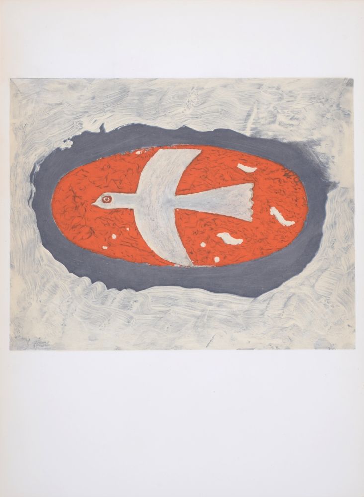 リトグラフ Braque - Oiseau blanc sur fond rouge, 1967