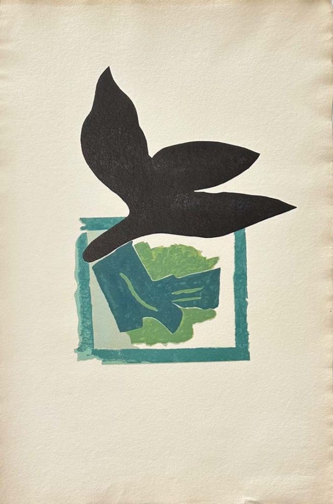 木版 Braque - Oiseau noir sur fond vert