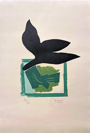 木版 Braque - Oiseau noir sur fond vert