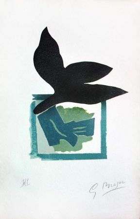 木版 Braque - Oiseau noir sur fond vert