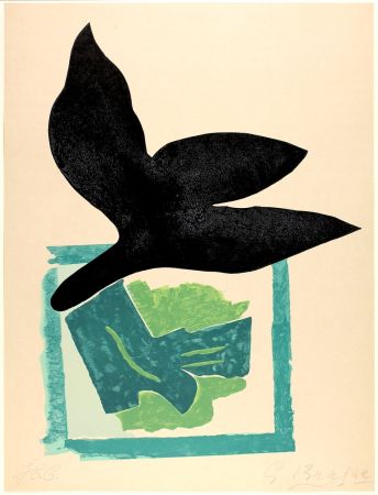 木版 Braque - Oiseau noir sur fond vert 