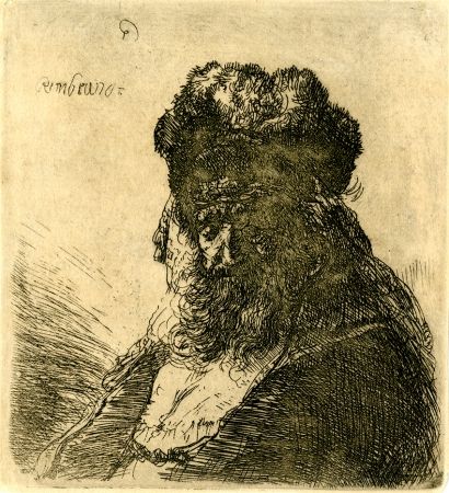 彫版 Rembrandt - 	Old Bearded Man in a High Fur Cap, with Eyes Closed, c. 1635