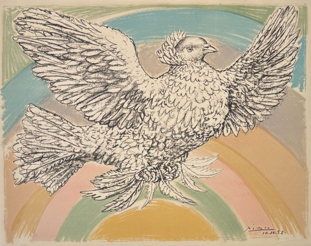 リトグラフ Picasso - Pablo Picasso(1881–1973) - Colombe volant - Coloured lithograph on Arches paper - 1952