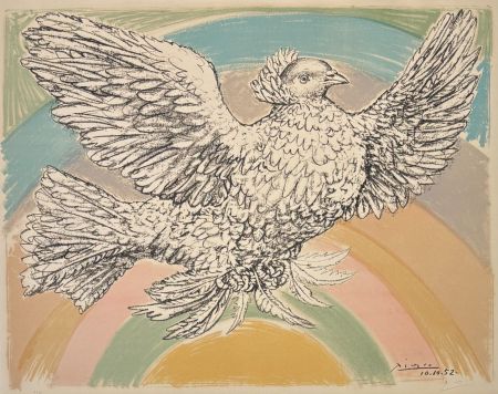 リトグラフ Picasso - Pablo Picasso(1881–1973) - Colombe volant - Coloured lithograph on Arches paper - 1952