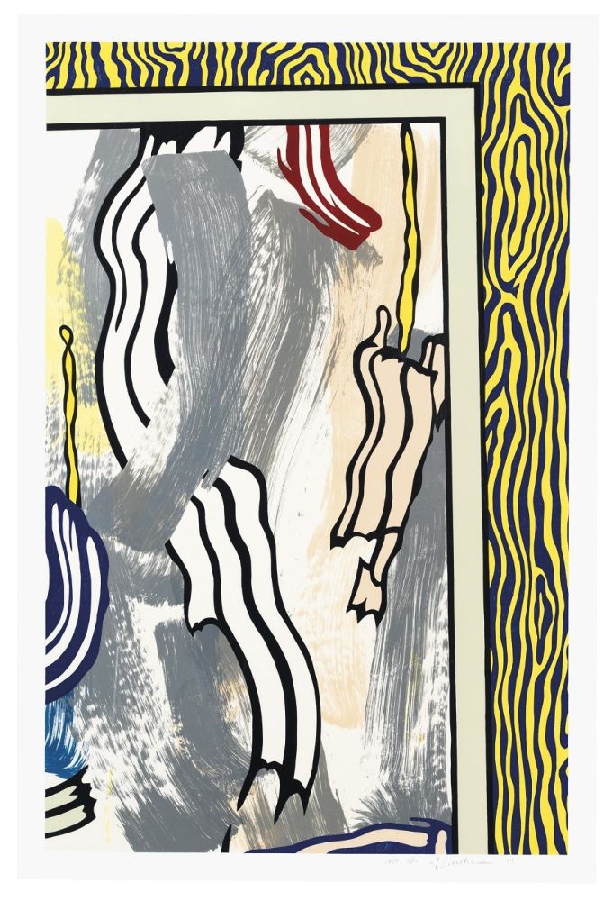 木版 Lichtenstein - Painting on Blue and Yellow Wall