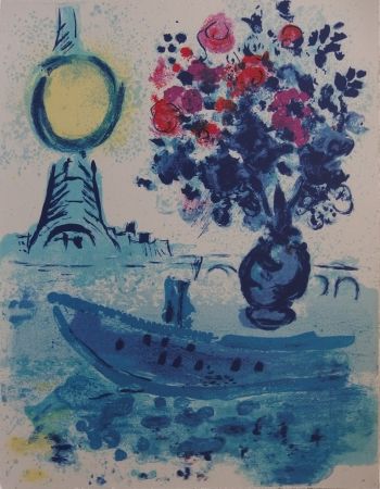 リトグラフ Chagall - Paris : Bateau mouche au bouquet  - La Seine