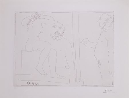 彫版 Picasso - Peintre et modele de dos, avec un spectateur