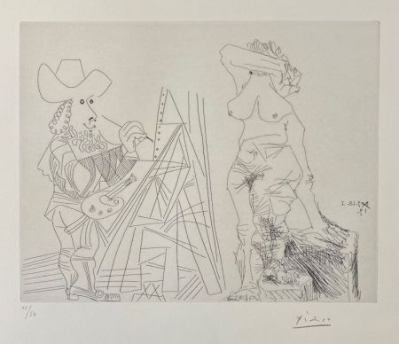 エッチング Picasso - Peintre et modèle qui se cache le visage 