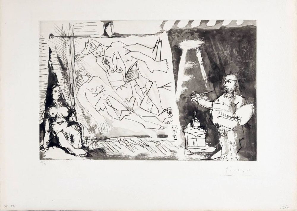 エッチングと　アクチアント Picasso - Peintre et sa toile avec modèle assis