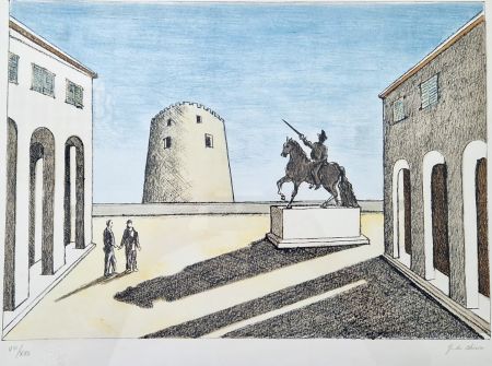 リトグラフ De Chirico - Piazza d'Italia con statua equestre.