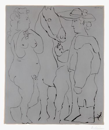 リノリウム彫版 Picasso - Picador Debout avec son Cheval et une Femme (Picador, Woman and Horse)