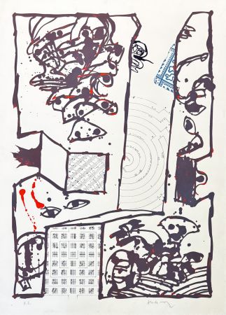 リトグラフ Alechinsky - Pierre Alechinsky (1927) – Chutes et panaches, avec extraits de partitions labyrinthiques de Jean-Yves Bosseur – Lithograph on paper – 2001