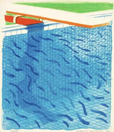 リトグラフ Hockney - Pool Made with Paper and Blue Ink for Book