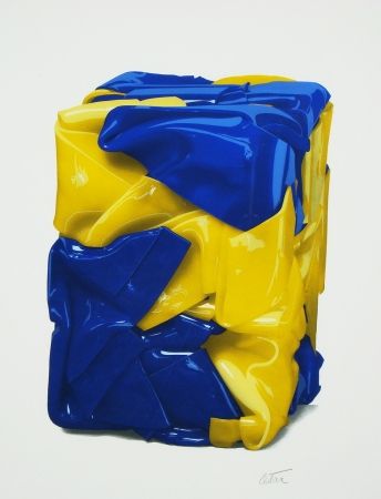 リトグラフ Cesar - Portrait compression en jaune et bleu