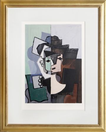 リトグラフ Picasso - Portrait de Face sur Fond Rose et Vert