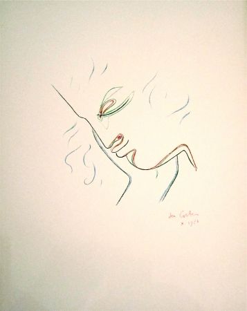 リトグラフ Cocteau - Profil de garcon en couleur