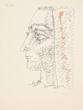 リトグラフ Picasso - Profil en trois couleurs