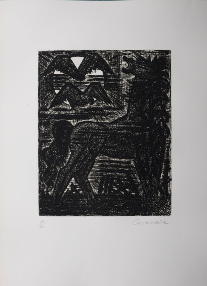エッチング Gromaire - Présages, cheval noir et oiseaux de nuit, 1958
