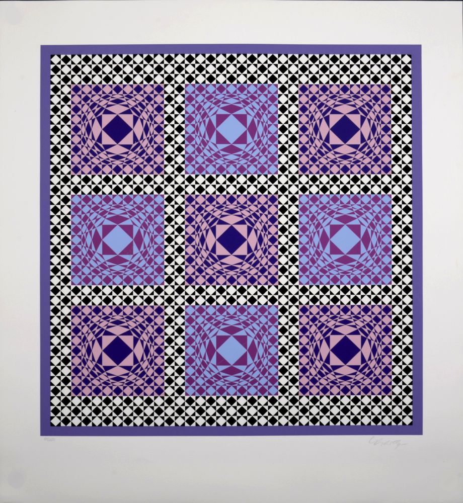 シルクスクリーン Vasarely - Purple Squares, 1986 -  Hand-signed!