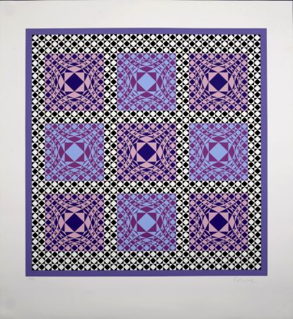 シルクスクリーン Vasarely - Purple Squares, 1986 -  Hand-signed!