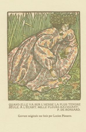 木版 Pissarro - Quand elle va sur l'herbe... / Girl Picking Flowers